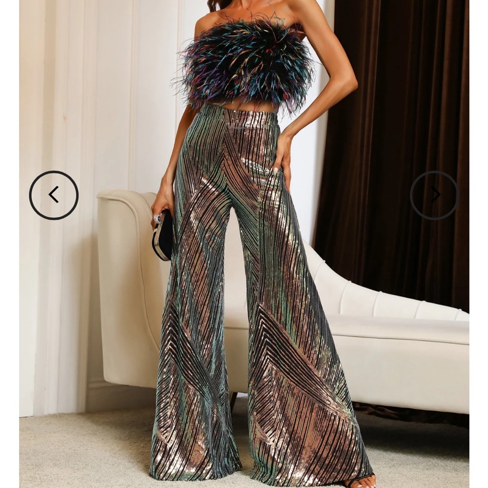 Sequin Flare Pants and Feather Top